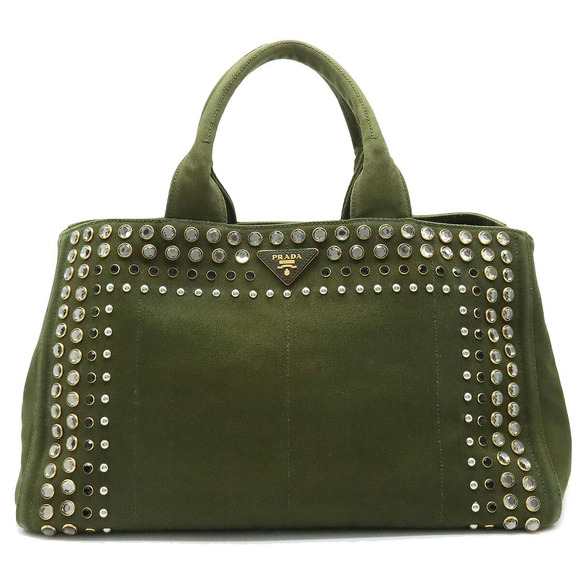 Prada Handbags - Prada Canapa Tote Bag Handbag Rhinestones Studs Canvas MILITARE Khaki Green